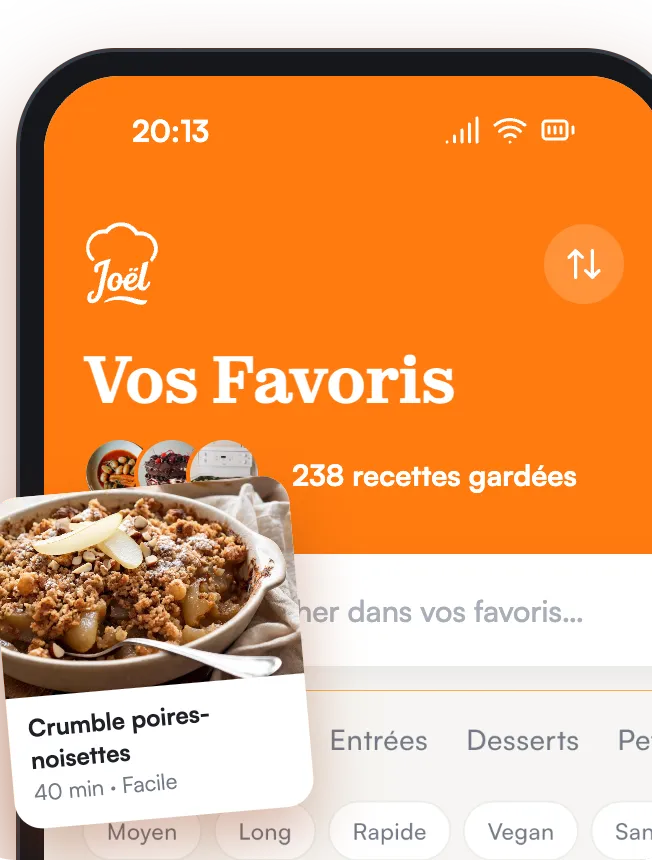 L'écran Vos Favoris de l'app Joël : 238 recettes gardées, filtres par plat et par régime, chaque recette avec sa photo.