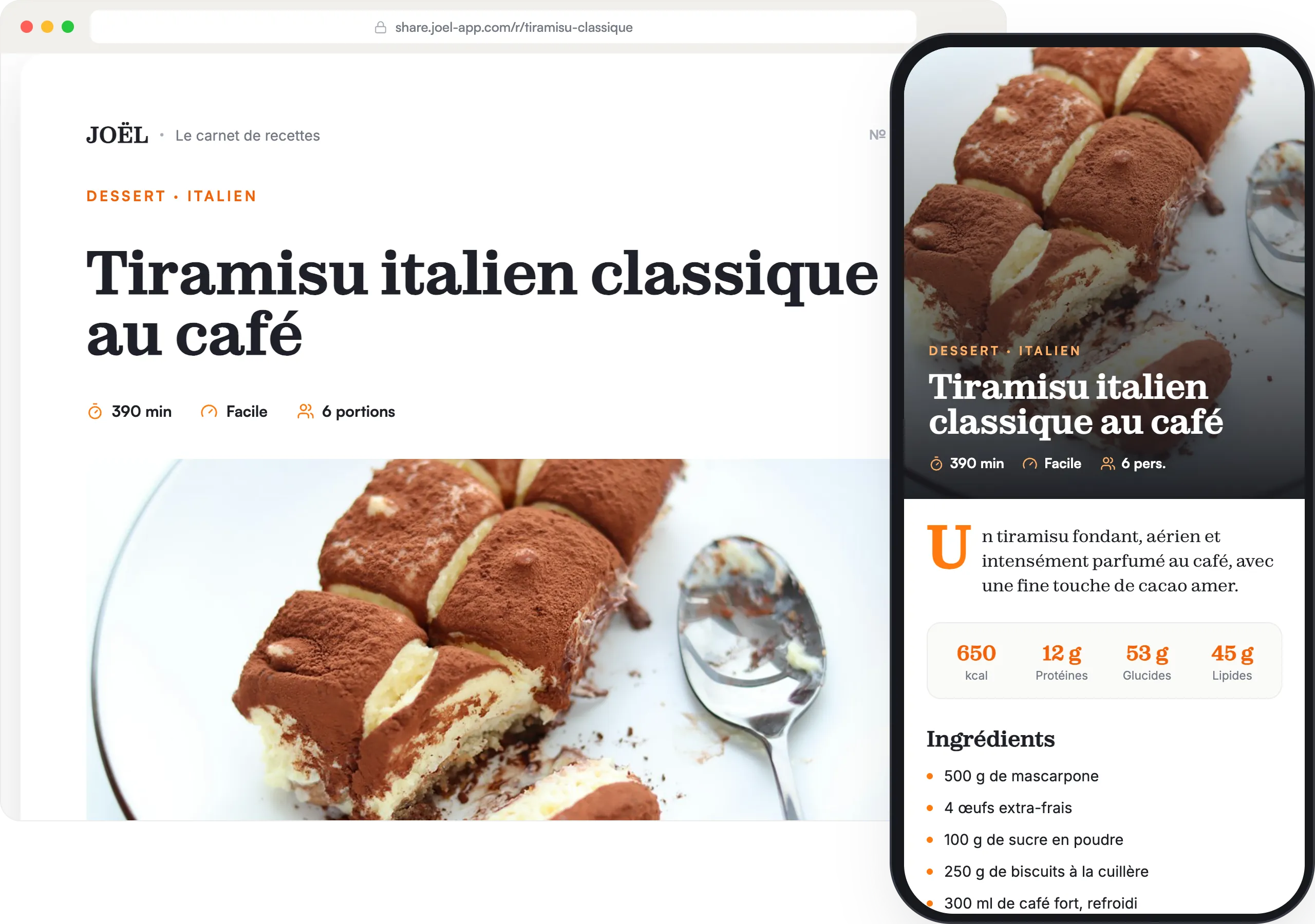 Une recette partagée, le tiramisu italien classique au café, ouverte dans un navigateur sur ordinateur et sur téléphone : photo, ingrédients, valeurs nutritionnelles et étapes.